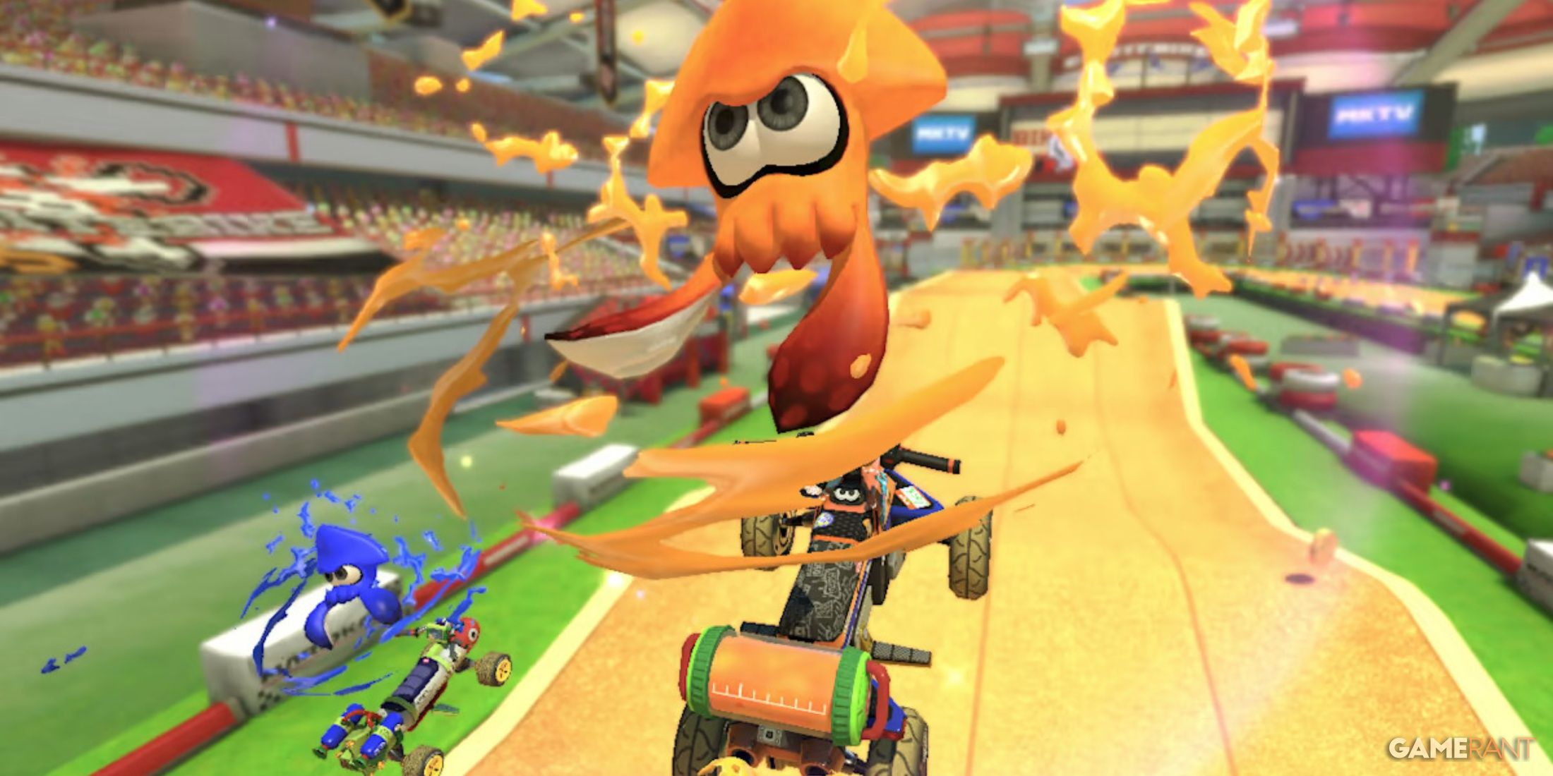 a race in the video game Mario Kart 8 Deluxe showing two drivers completing the round. 