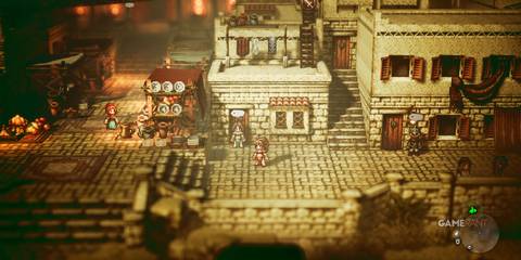Market square in Octopath Traveler, showcasing vibrant world design and flexible class systems