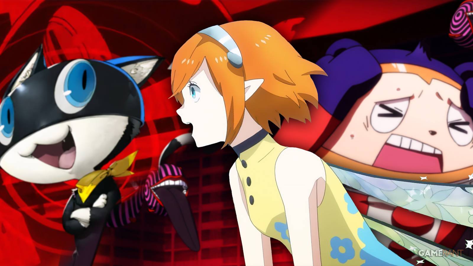 Metaphor ReFantazio Gallica in front of Persona 5 Morgana and Persona 4 Teddie