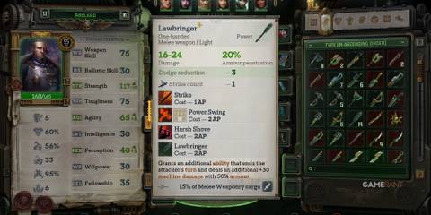 10 Best One-Handed Melee Weapons In Warhammer 40K: Rogue Trader stats for the weapon Lawbringer