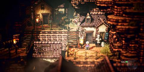 Mountain town from Octopath Traveler, highlighting exploration and class-changing mechanics