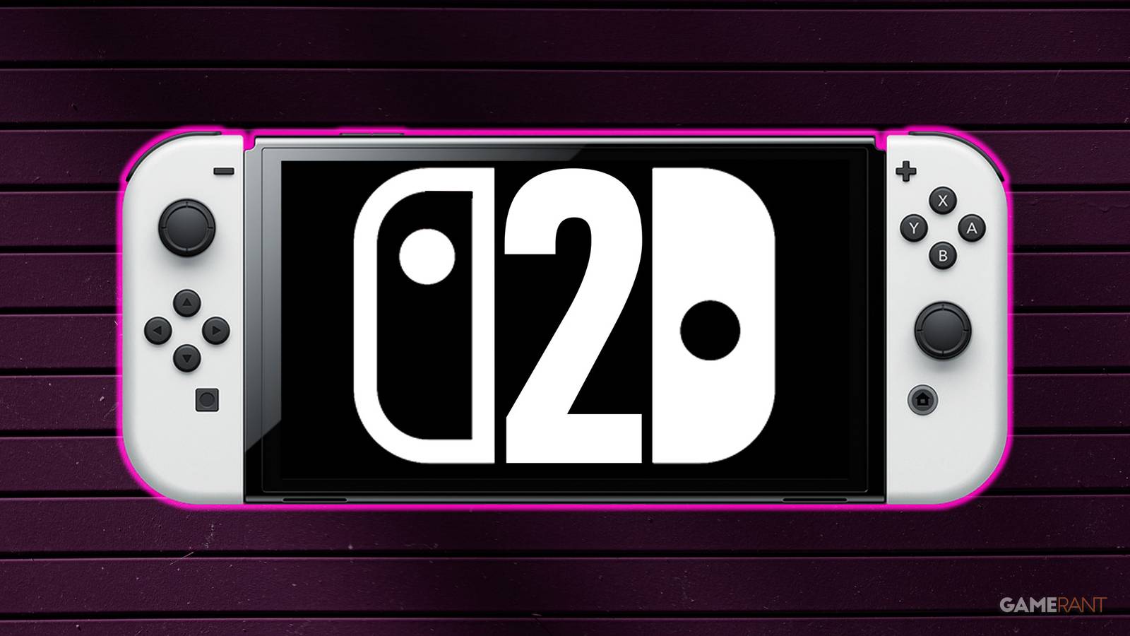 neon glowing Nintendo Switch 2 mockup on purple wall 2x1 composite