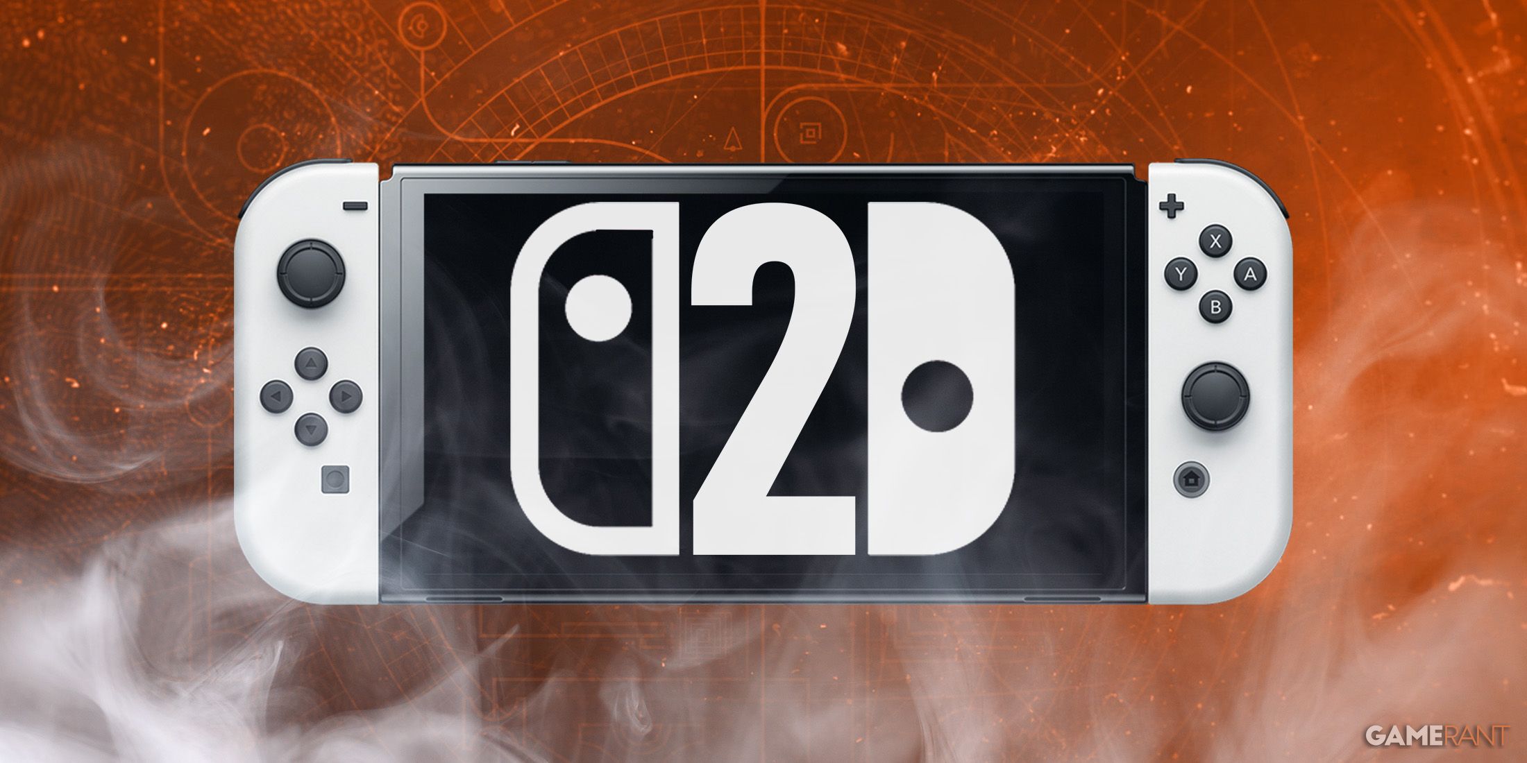 Nintendo Switch 2 mockup orange background with smoke 2x1 composite