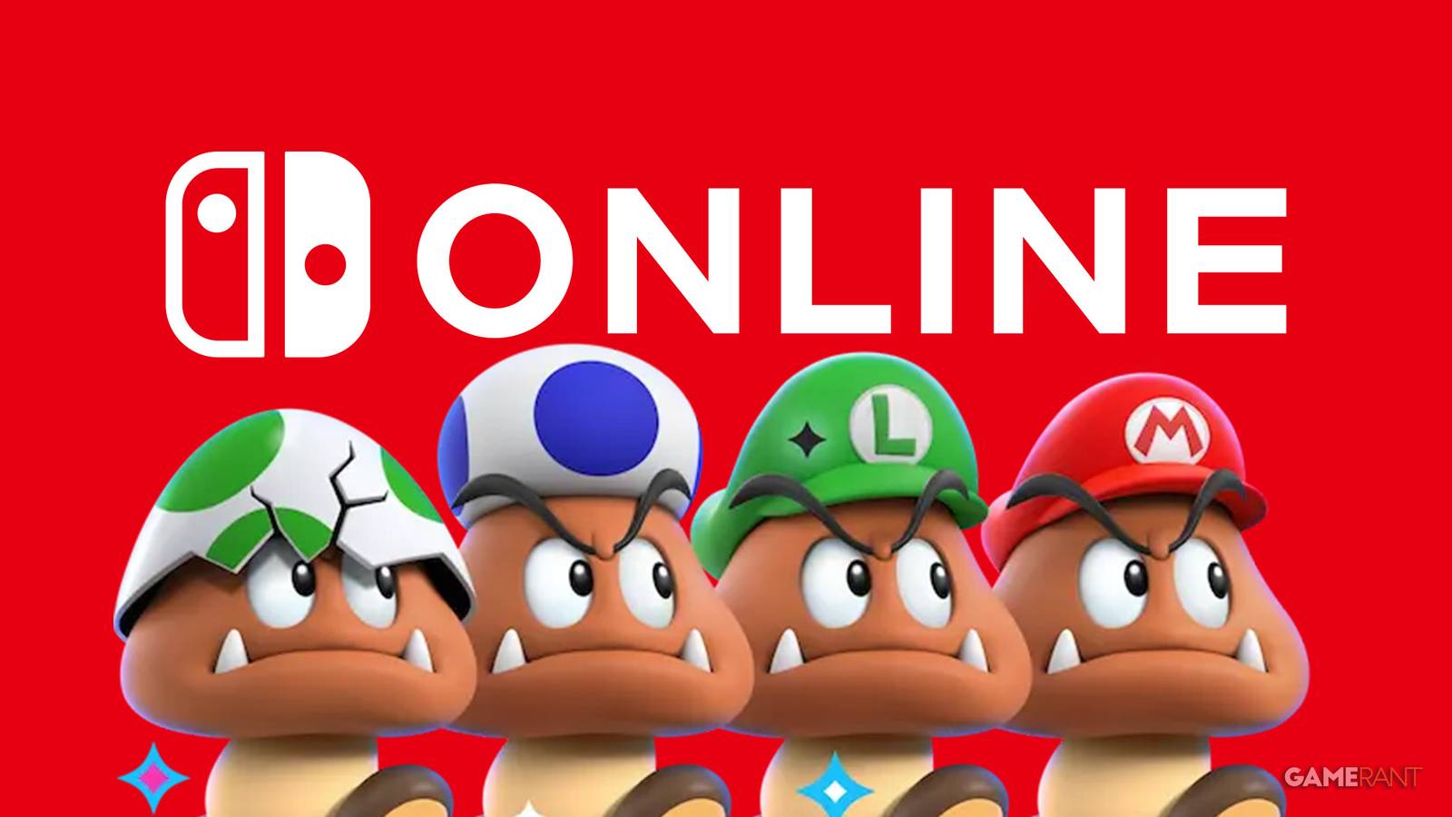 Nintendo Switch Online logo above angry-looking Goombas with Mario Bros-themed hats 2x1 red background composite