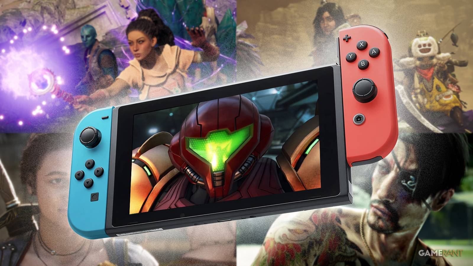 Nintendo Switch with Metroid Prime 4 over Avowed Fable Monster Hunter Wilds and Like a Pirate Yakuza