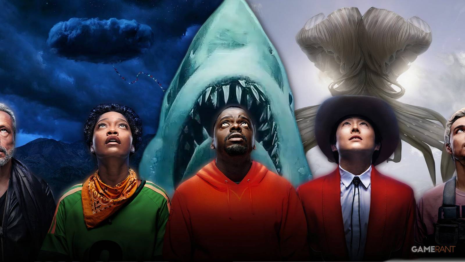 keke palmer, steven yeun, daniel kaluuya and others in nope movie poster, nope movie alien, jaws movie shark