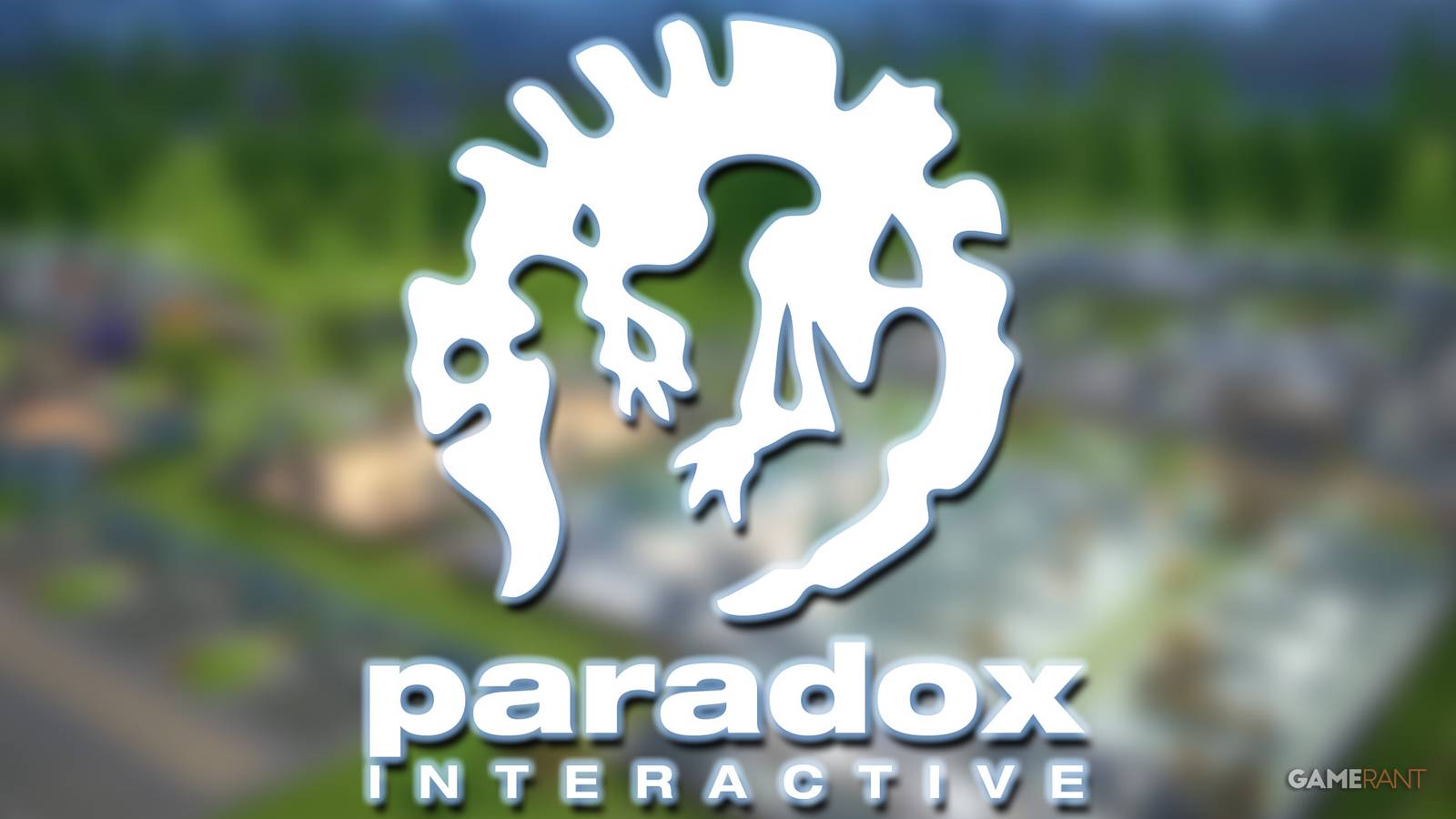 Paradow Interactive white and glowing logo over blurred Prison Architect 2 promo screenshot