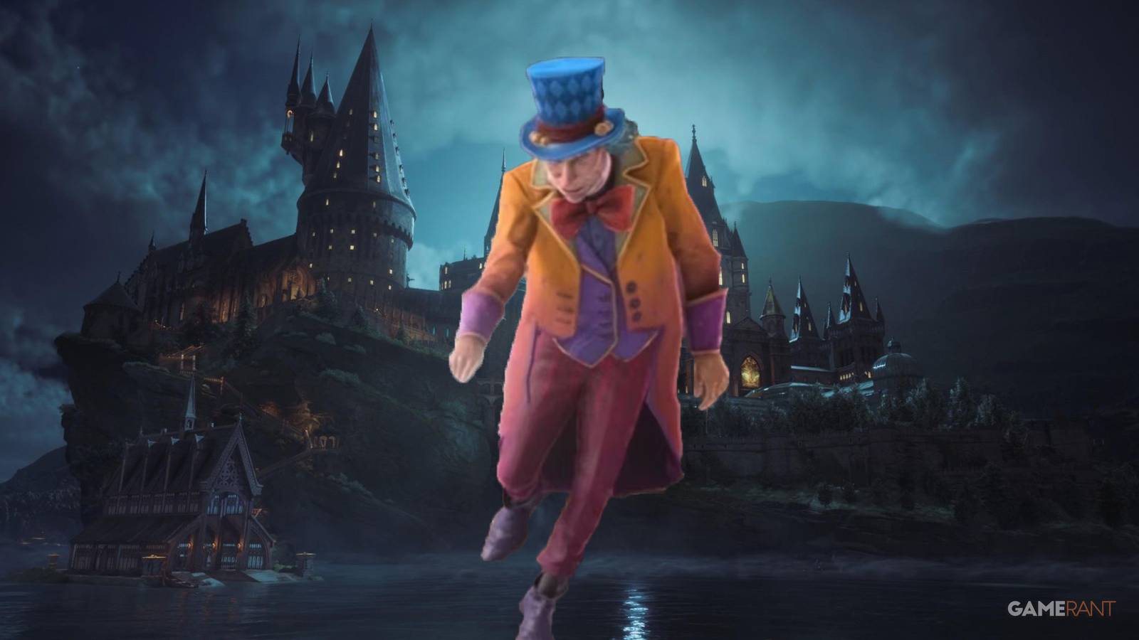 Peeves in front of Hogwarts castle exterior at night