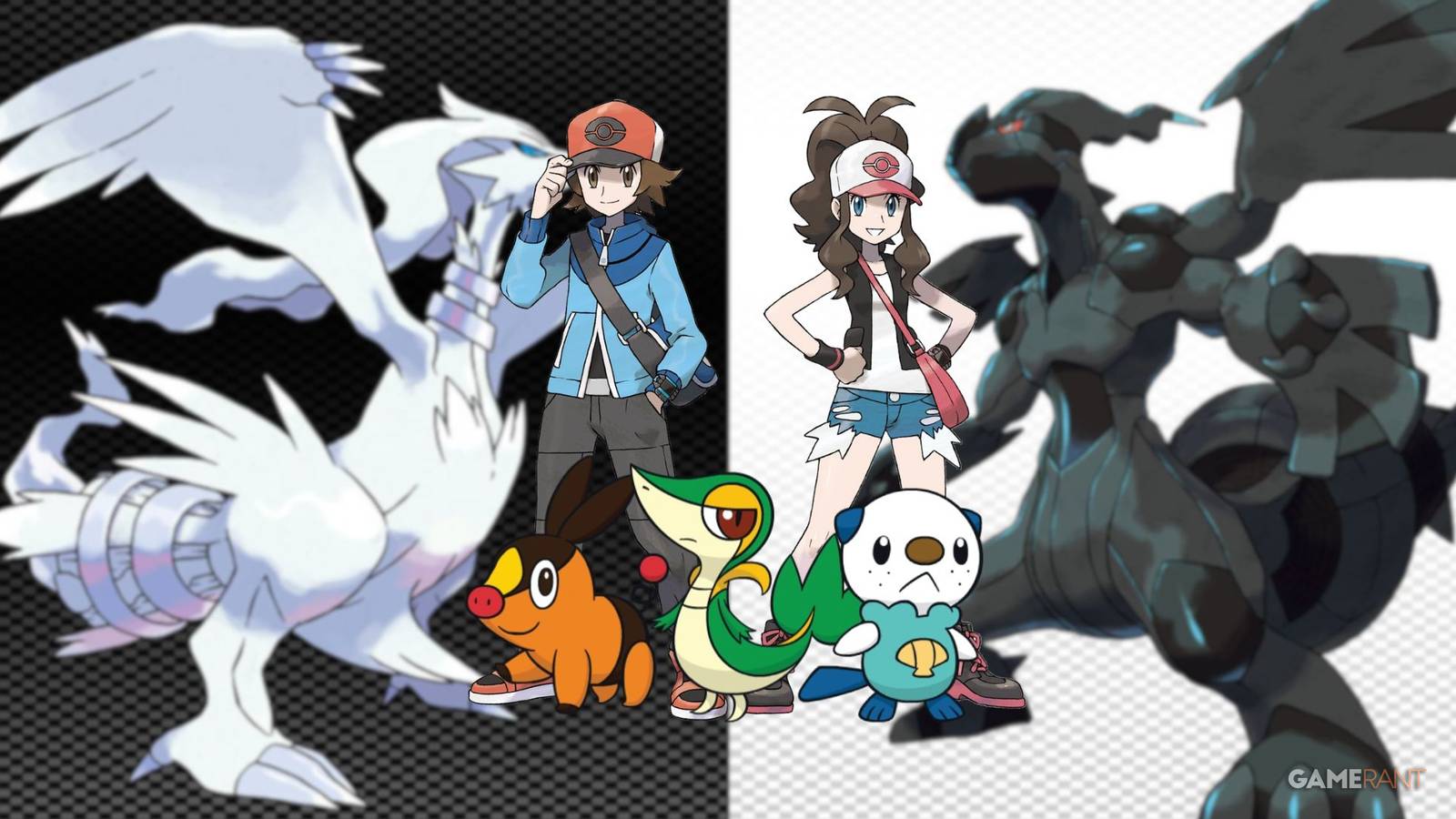 Pokemon Generation 5 Protagonists Hilbert and Hilda pictured with the Starter Pokemon of the Unova Region: Tepig, Snivy, and Oshawott. The background is a blurred image of Reshiram and Zekrom, the box legendaries of Pokemon Black and White