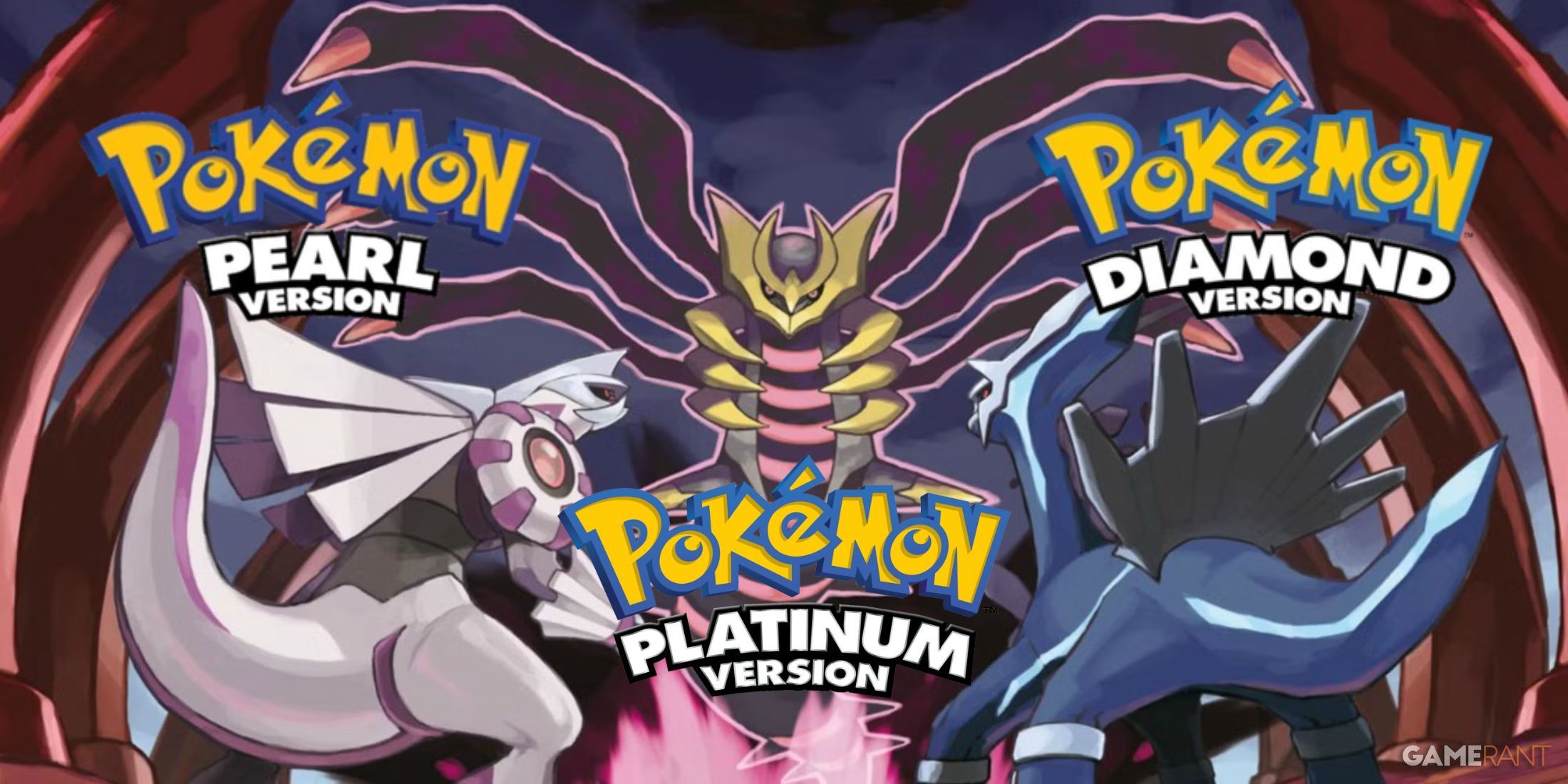 Palkia, Giratina, and Dialga depicted with the respective logos of Pokemon Pearl, Platinum, and tizs