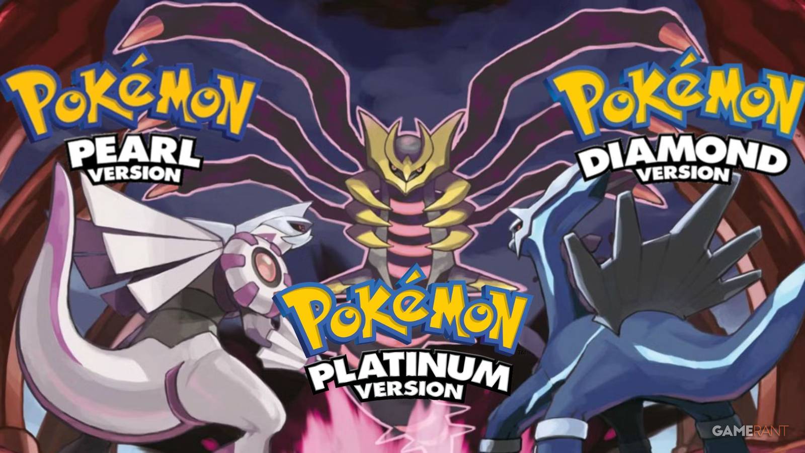 Palkia, Giratina, and Dialga depicted with the respective logos of Pokemon Pearl, Platinum, and tizs