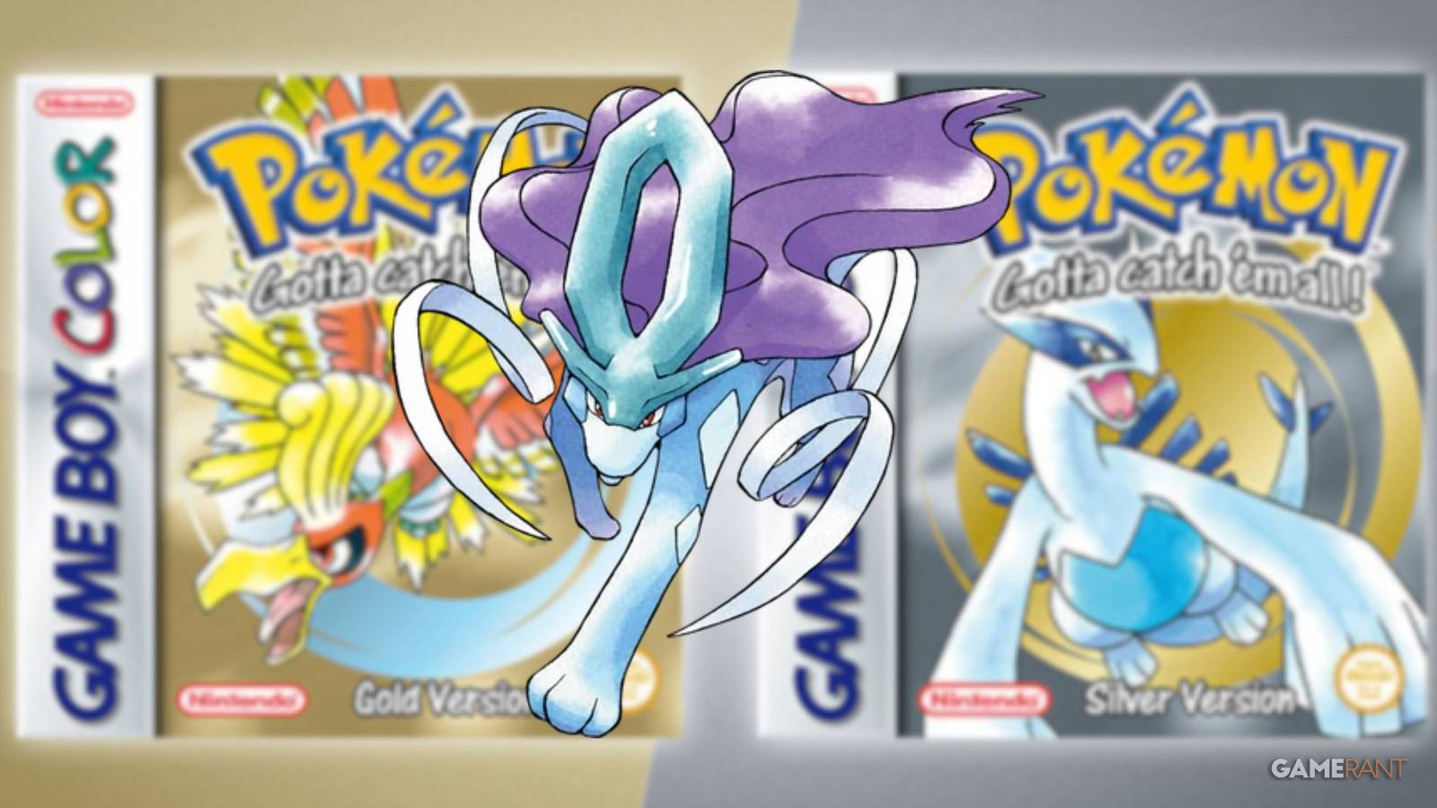 Suicune bounding across the official box art for Pokemon Gold and Silver, which feature Ho-Oh and Lugia respectively