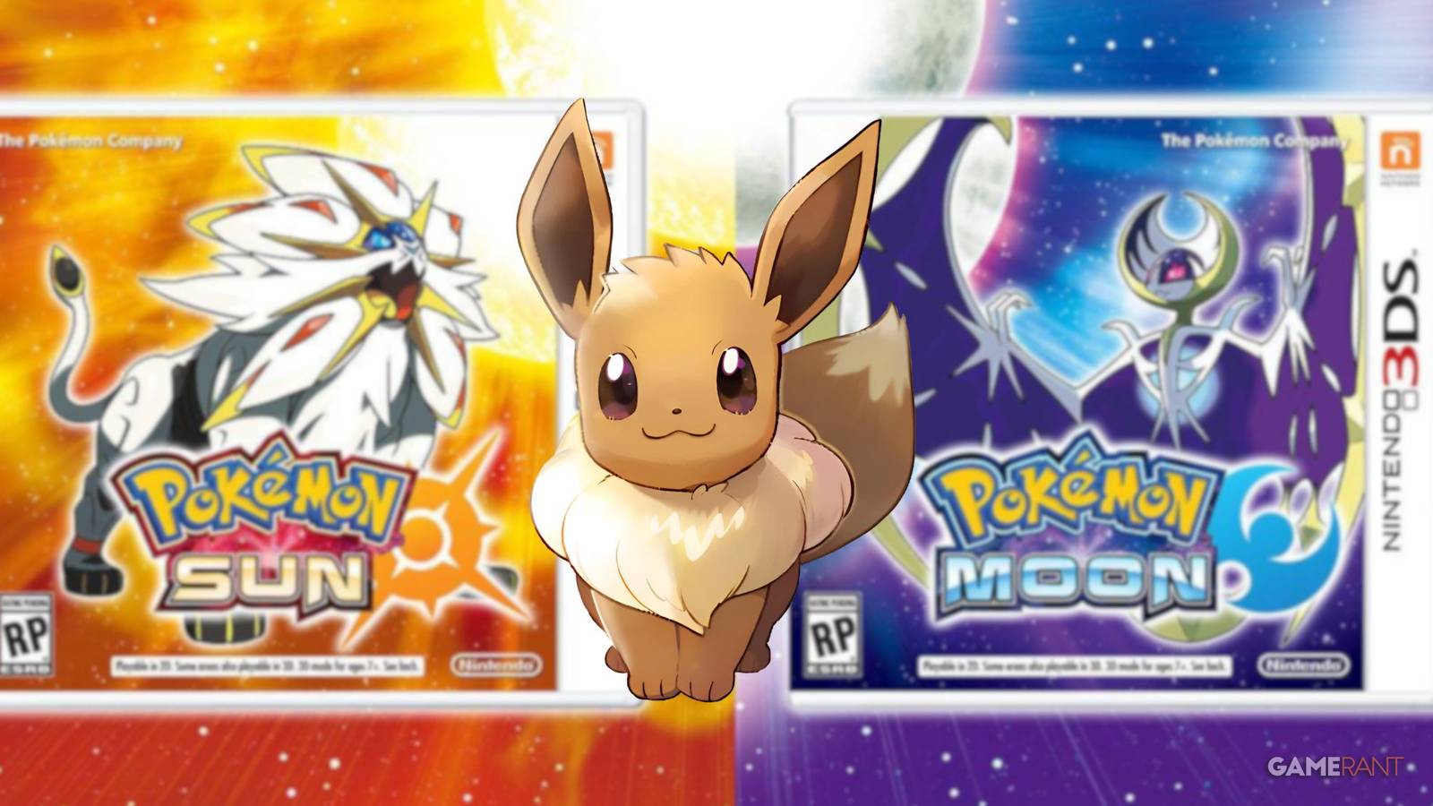 Pokemon Let's Go Pikachu and Eevee render of Eevee superimposed over the box art of Pokemon Sun and Moon, which depicts Solgaleo and Lunala respectively