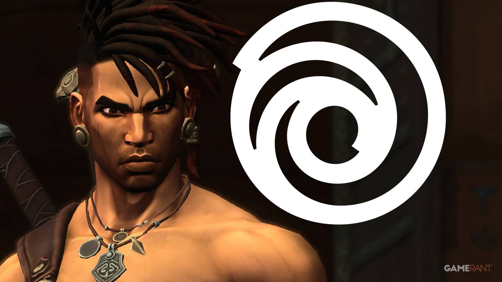 Prince of Persia The Lost Crown Sargon next to white Ubisoft logo