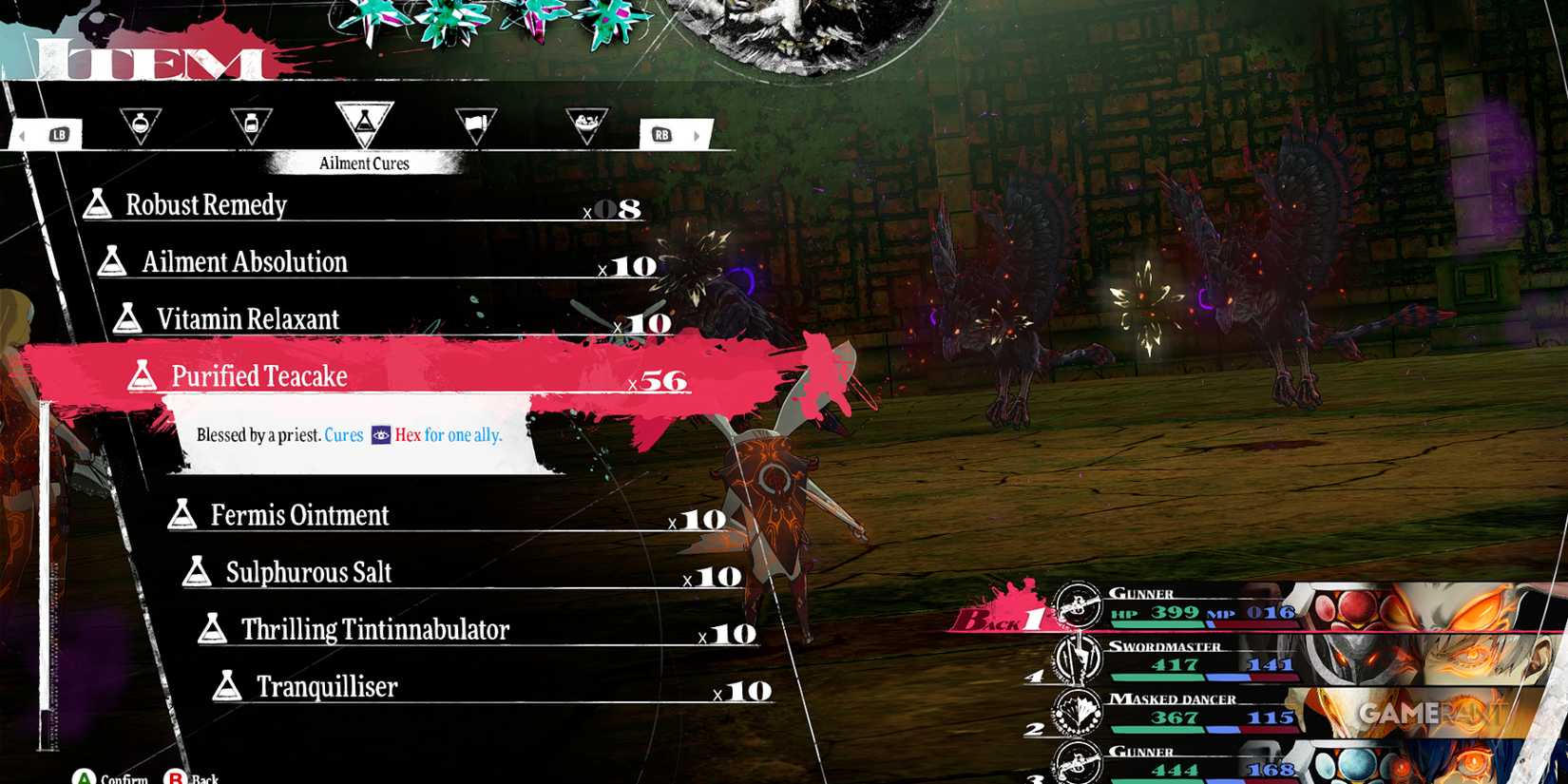 Purified Teacake cures Hex ailment for one ally in Metaphor ReFantazio