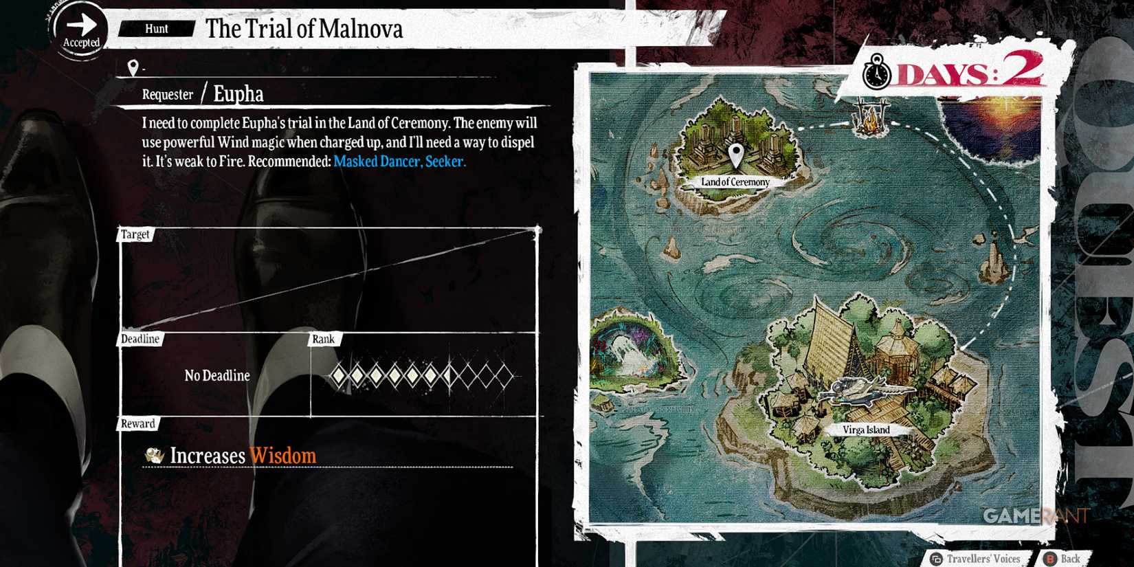 Quest details for 'The Trial of Malnova' with map view in metaphor refantazio