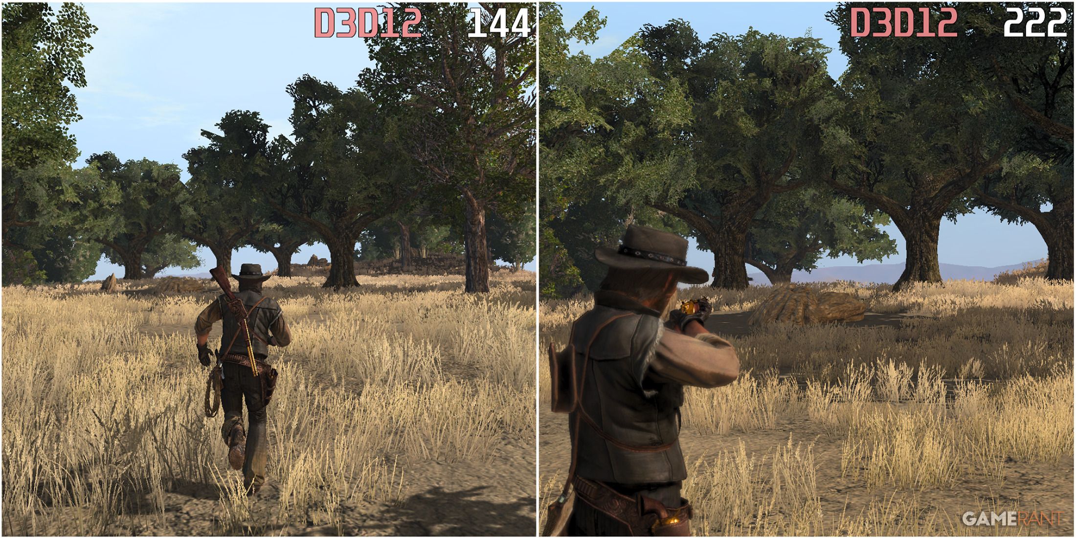 PC gameplay screenshots from Red Dead Redemption, showcasing FPS difference