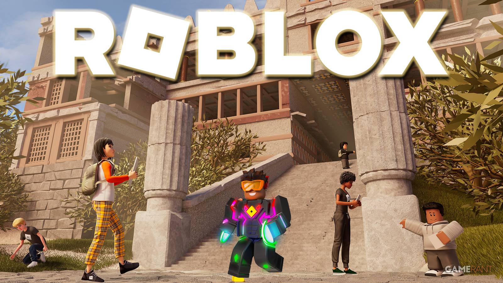 Roblox museum staircase key art with glowing white logo 2x1 composite