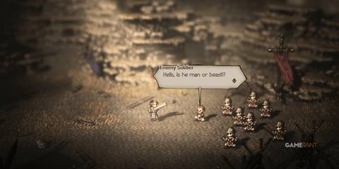 Soldiers question if the hero is man or beast in Octopath Traveler