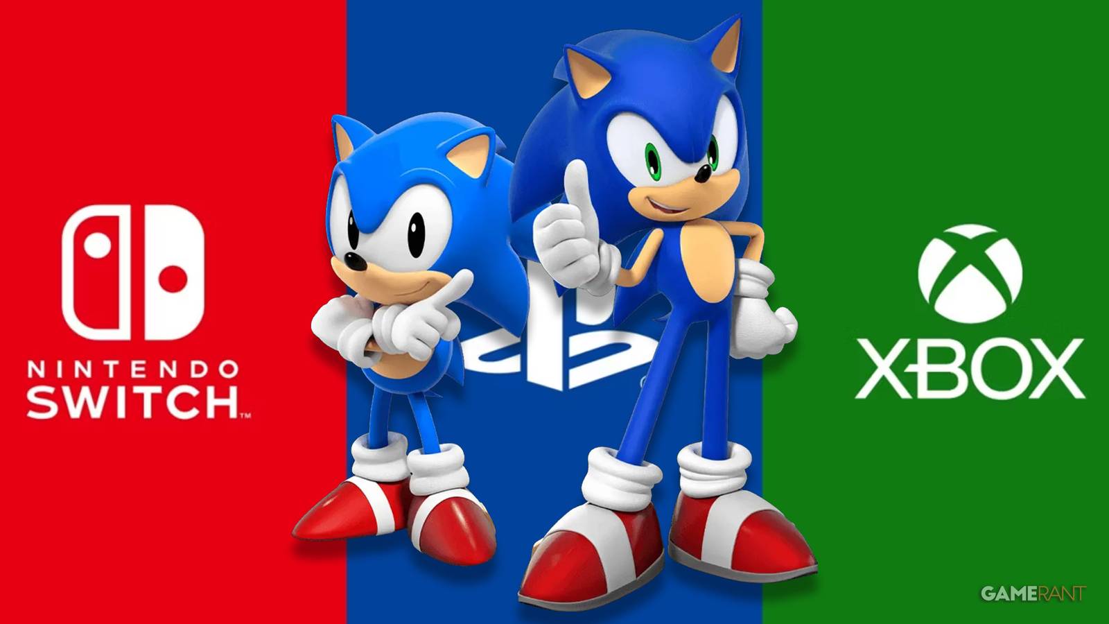 Classic and Sonic the Hedgehog Standing in front of gaming console logos