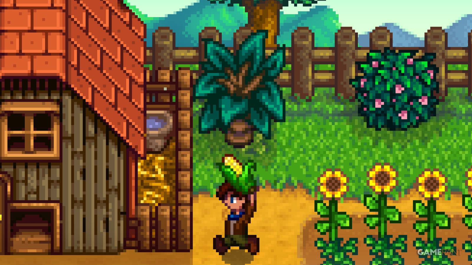 stardew valley farmer running with corn