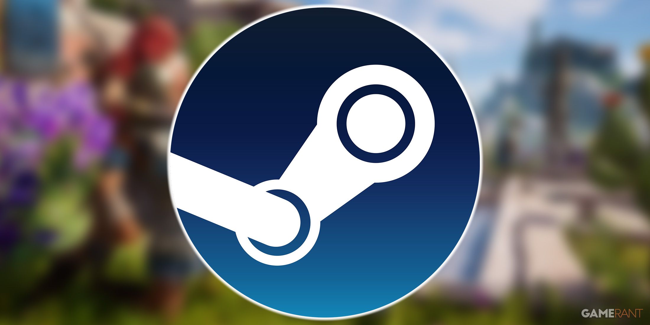 Steam glowing logo over blurred Assassin's Creed Odyssey promo screenshot