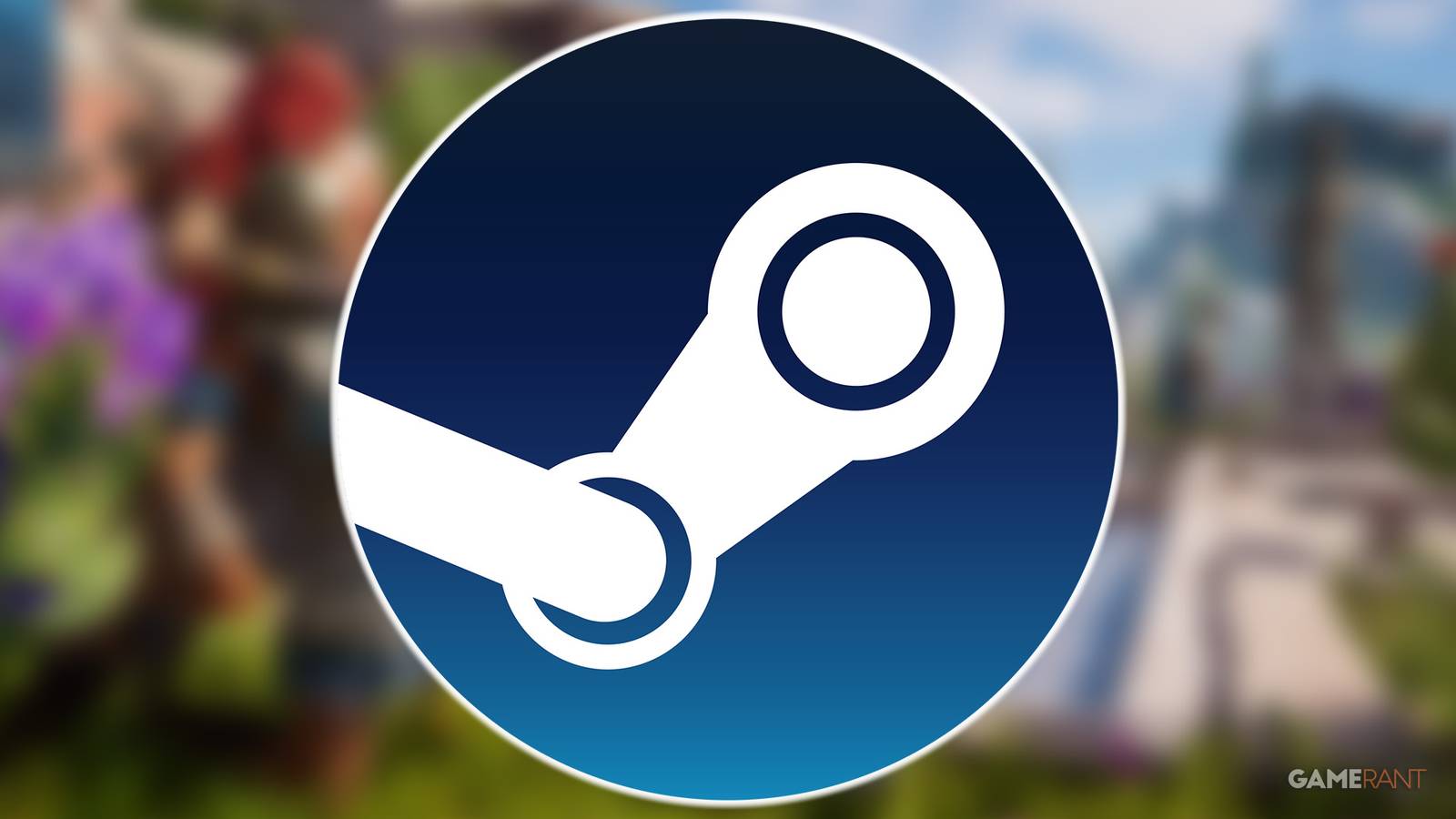 Steam glowing logo over blurred Assassin's Creed Odyssey promo screenshot
