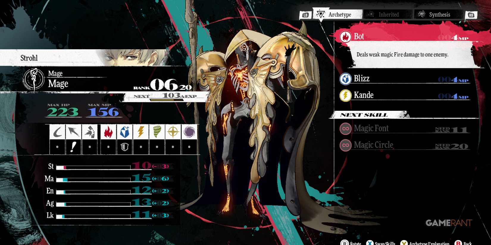 Strohl as Mage, an early game archetype in Metaphor ReFantazio, using elemental magic skills