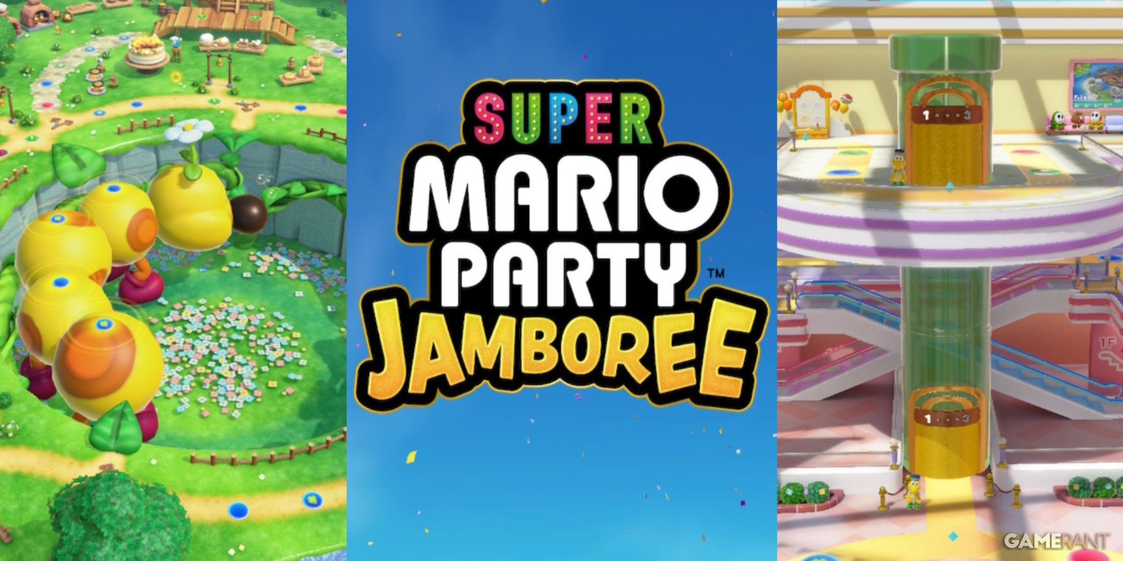 Super Mario Jamboree title screen with wiggler image and rainbow galleria mall