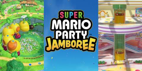 Super Mario Jamboree title screen with wiggler image and rainbow galleria mall