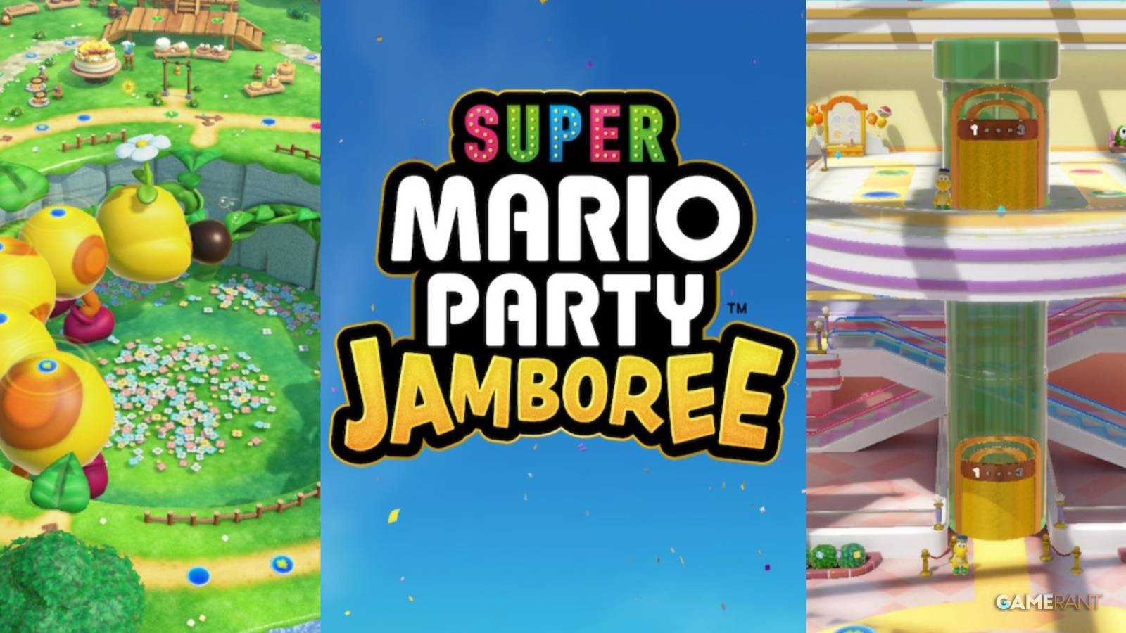 Super Mario Jamboree title screen with wiggler image and rainbow galleria mall
