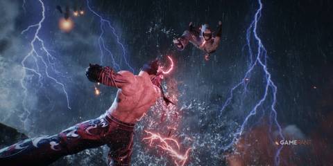 A character from the video game Tekken 8 is applying one of the special tricks to the other player 