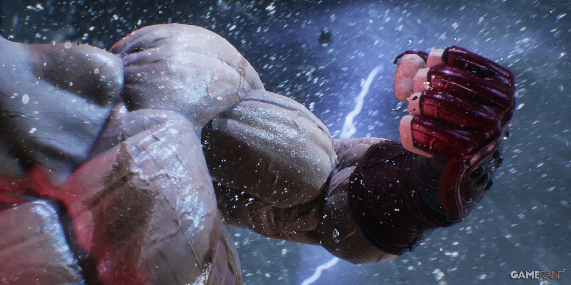 a muscular arm from a fictional character in the video game Tekken 8.