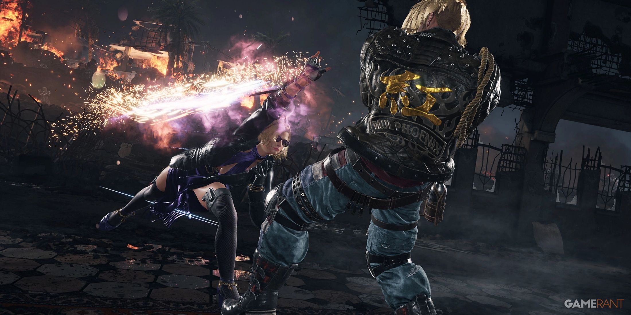 a female fictional character fighting with a male character in the video game Tekken 8. 