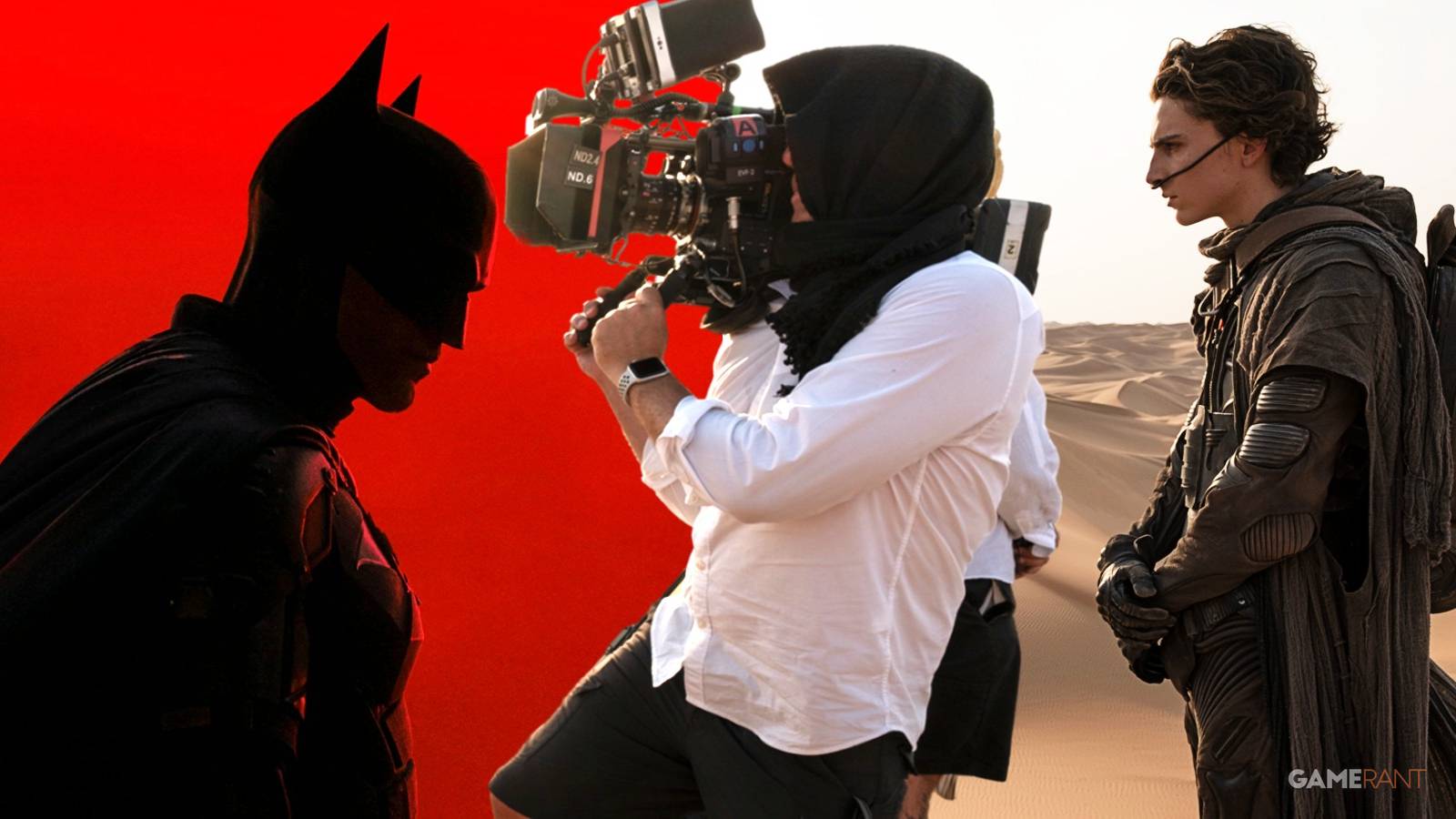 greig fraser holding camera on the sets of dune with timothee chalamet, robert pattinson as bruce wayne in the batman