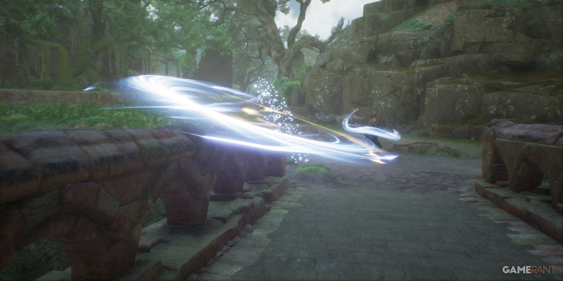 The cutting force of Diffindo slices through the air towards the target, a precise damage spell in Hogwarts Legacy