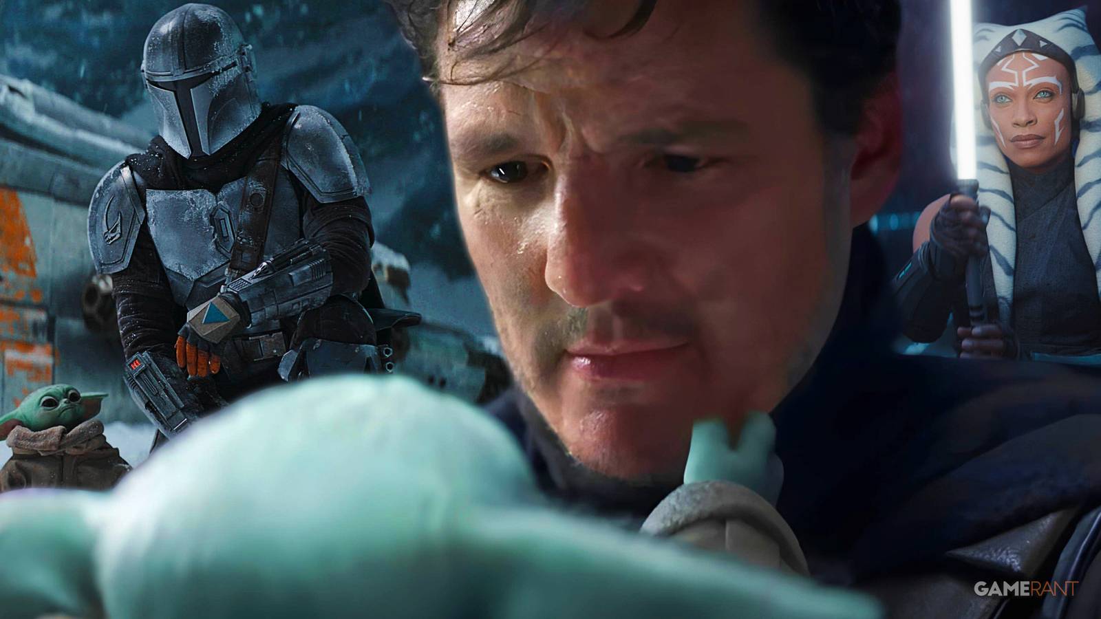 pedro pascal in the mandalorian, grogu (baby yoda), rosario dawson in ahsoka