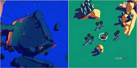 Gameplay screenshots showcasing commanding troops and a battle from Thronefall.