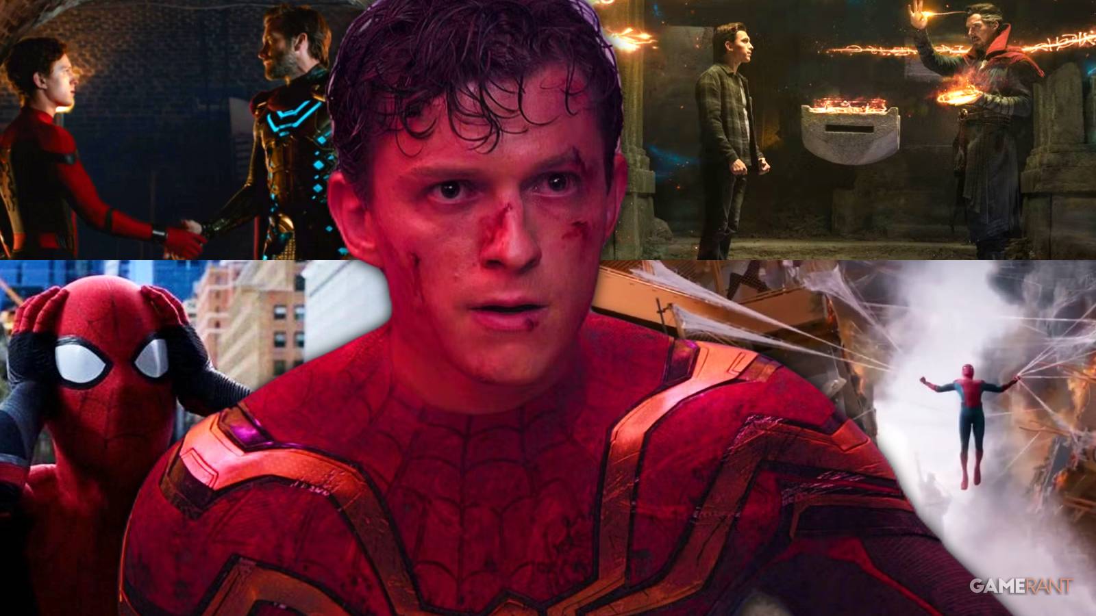 tom holland as peter parker/spider-man in spider: homecoming, spider-man: far from home, spider-man: no way home, jake gyllenhaal, benedict cumberbatch, doctor strange spell