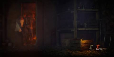 a dark POV on the player in the video game Unravel 2 with the two little yarns looking at the two adults. 