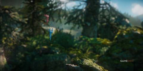 two yarns in the air with a forest background. 