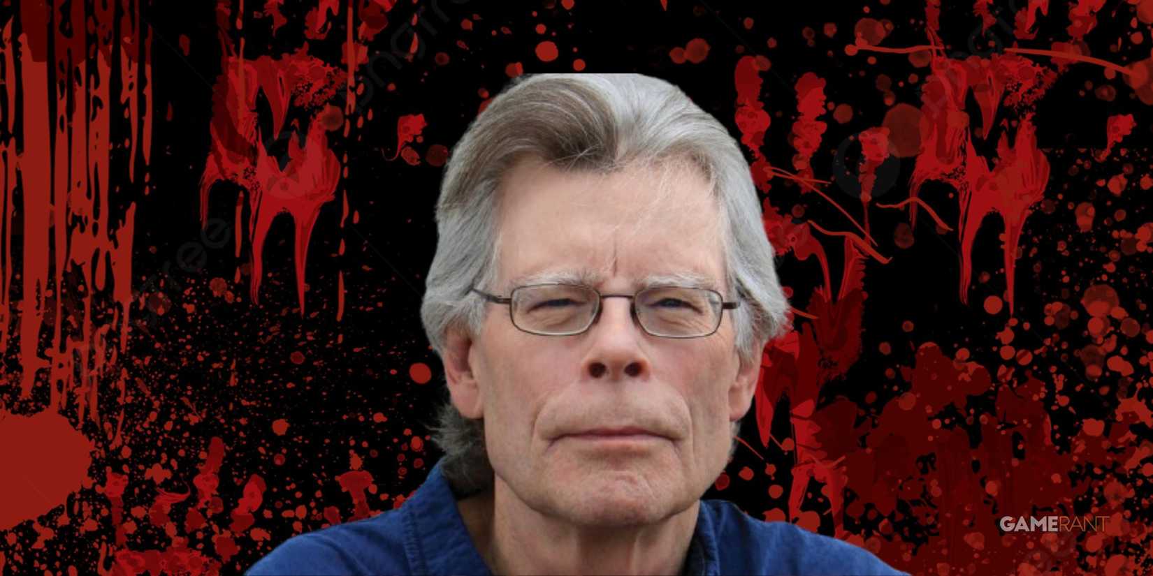 Stephen King in front of a bloody background