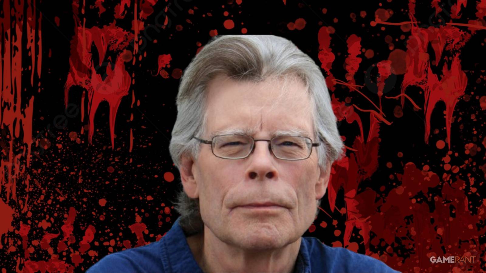 Stephen King in front of a bloody background