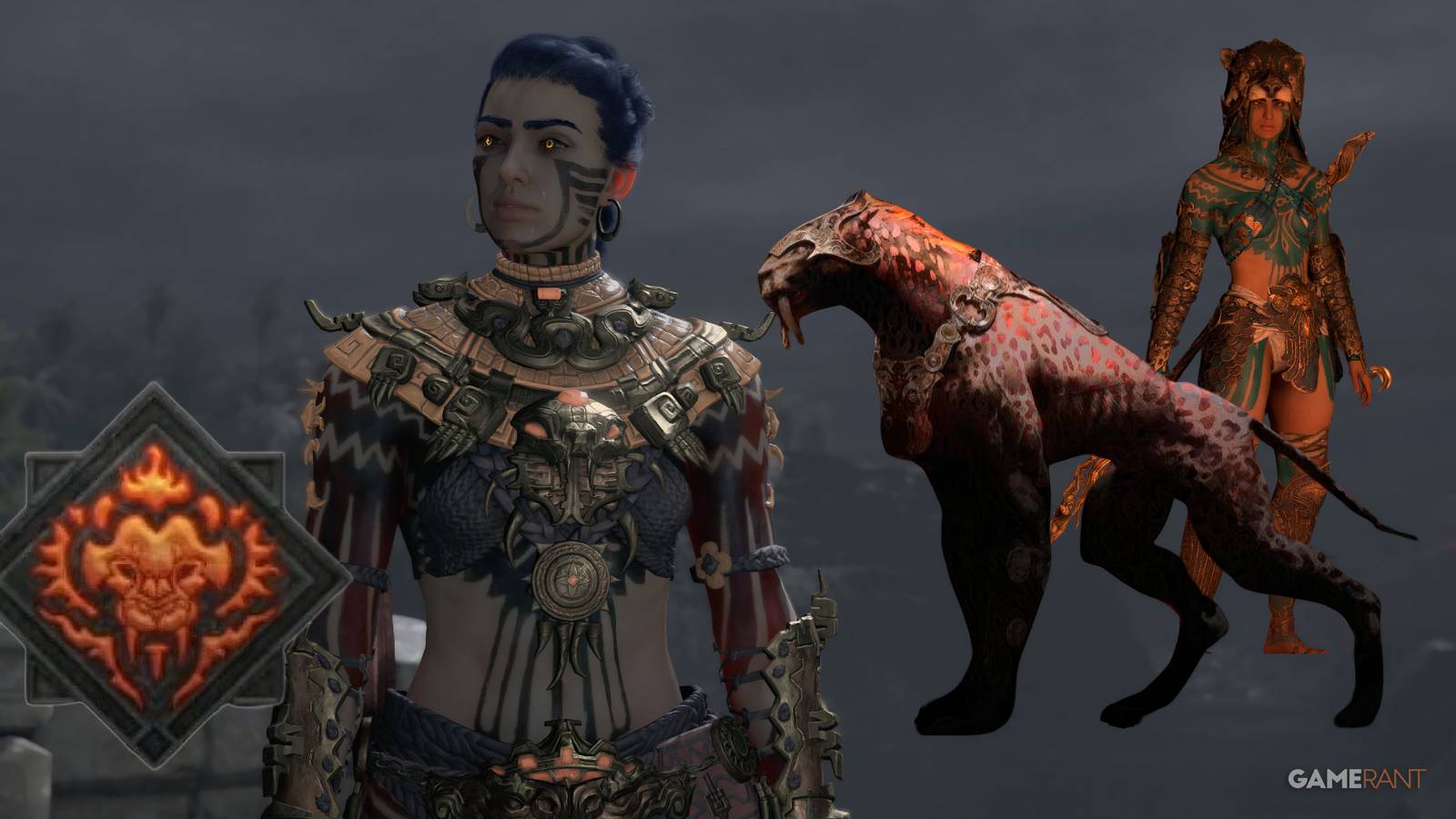 a screenshot of a spiritborn in cinematic with the Jaguar Spirit symbols