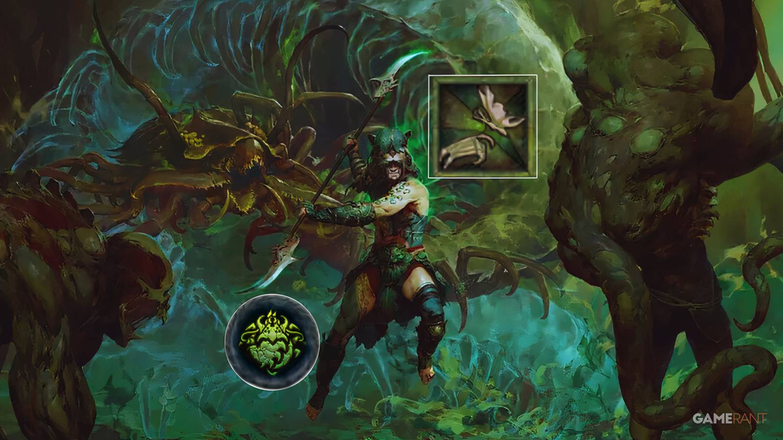 A spiritborn fighting with the Centipede spirit next to the icon for Touch of death