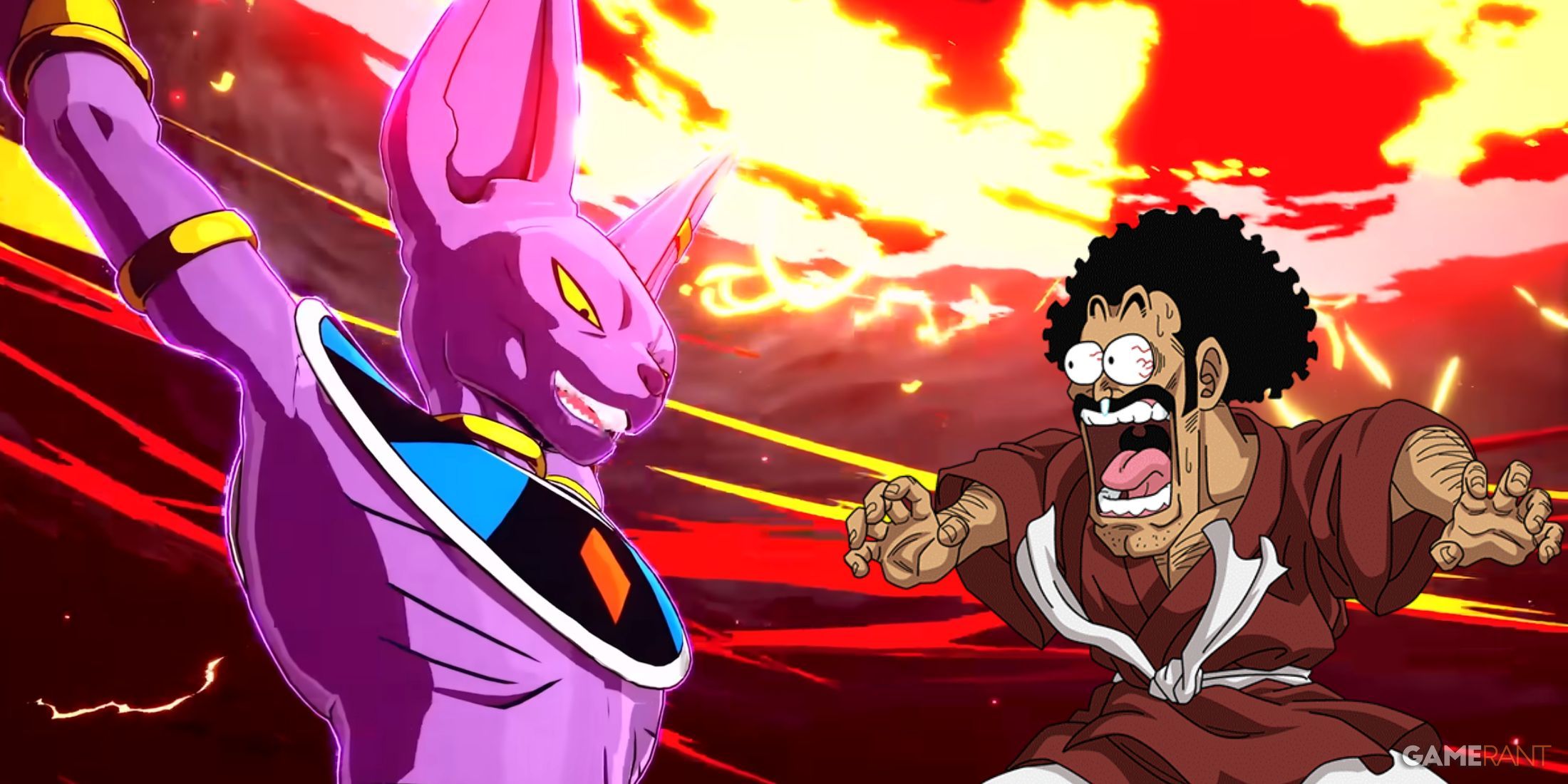 Dragon Ball: Sparking Zero screenshot of Beerus performing the Super Sphere of Destruction, while Mr. Satan looks on in horror. Mr. Satan is depicted in a render from Dokkan Battle.