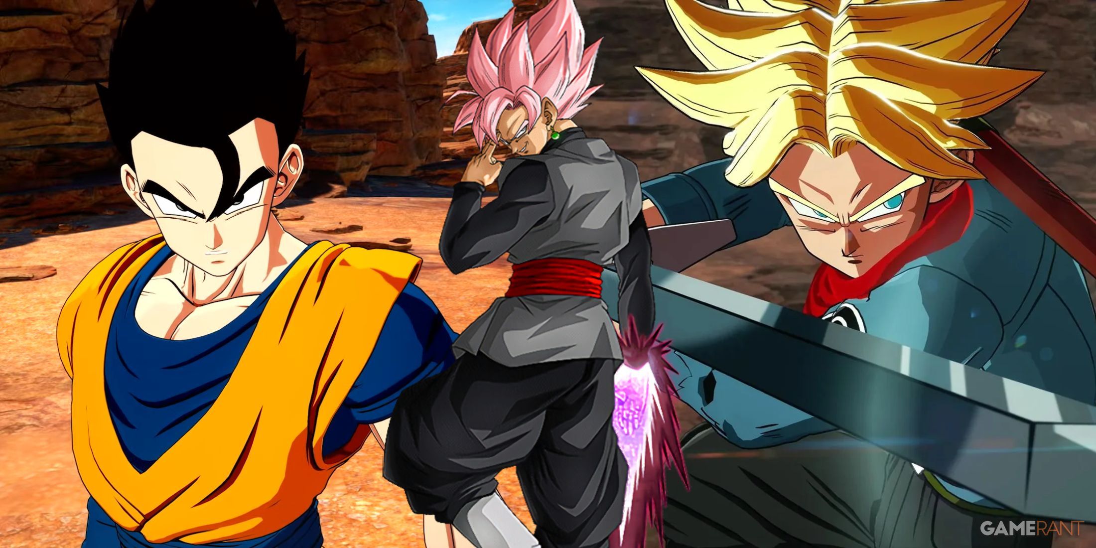 Screenshots of Adult Gohan and Future Trunks (Super) from Dragon Ball: Sparking Zero, with the two separated by an image of Goku Black