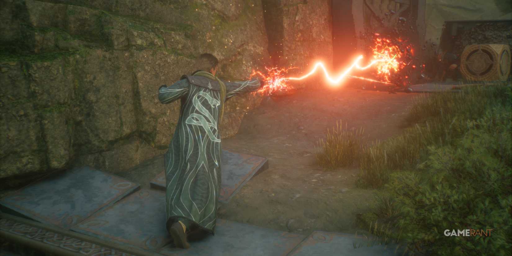 Casting Crucio in Hogwarts Legacy build, inflicting a curse to cause prolonged pain to the target