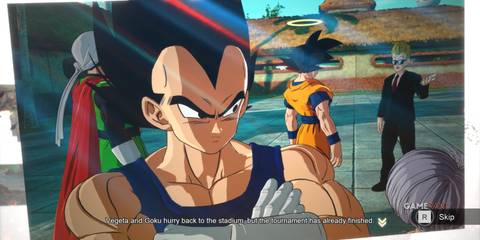 Vegeta prepares to continue the fight as Goku, donning a halo, stands beside the other fighters in Dragon Ball Sparking Zero What If
