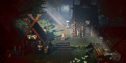Village scene in Octopath Traveler, showing dynamic lighting and classic JRPG class-switching options